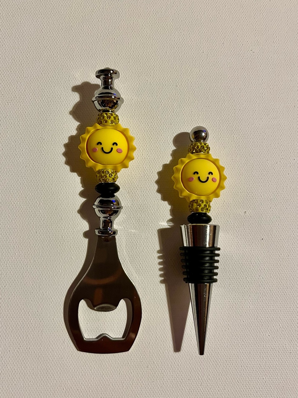 “Sunny Disposition” Wine Stopper & Bottle Opener Set w/Yellow Rhinestone Accents